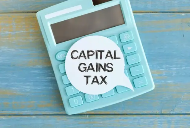 An aqua-coloured calculator with a word bubble that says Capital Gain Tax.