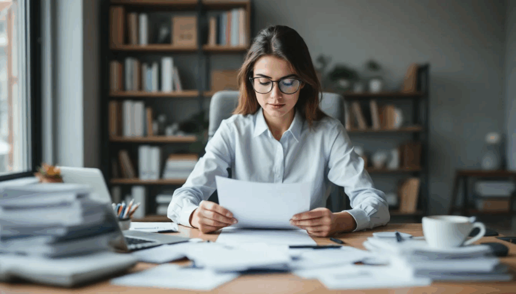 Women at desk working from home going over her home office expenses