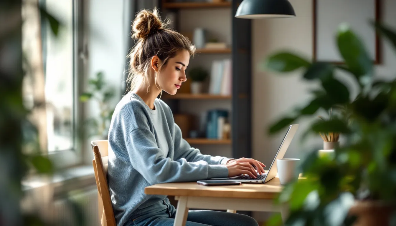 A woman working on a laptop at a home office desk, illustrating home office expenses and work-from-home tax deductions.